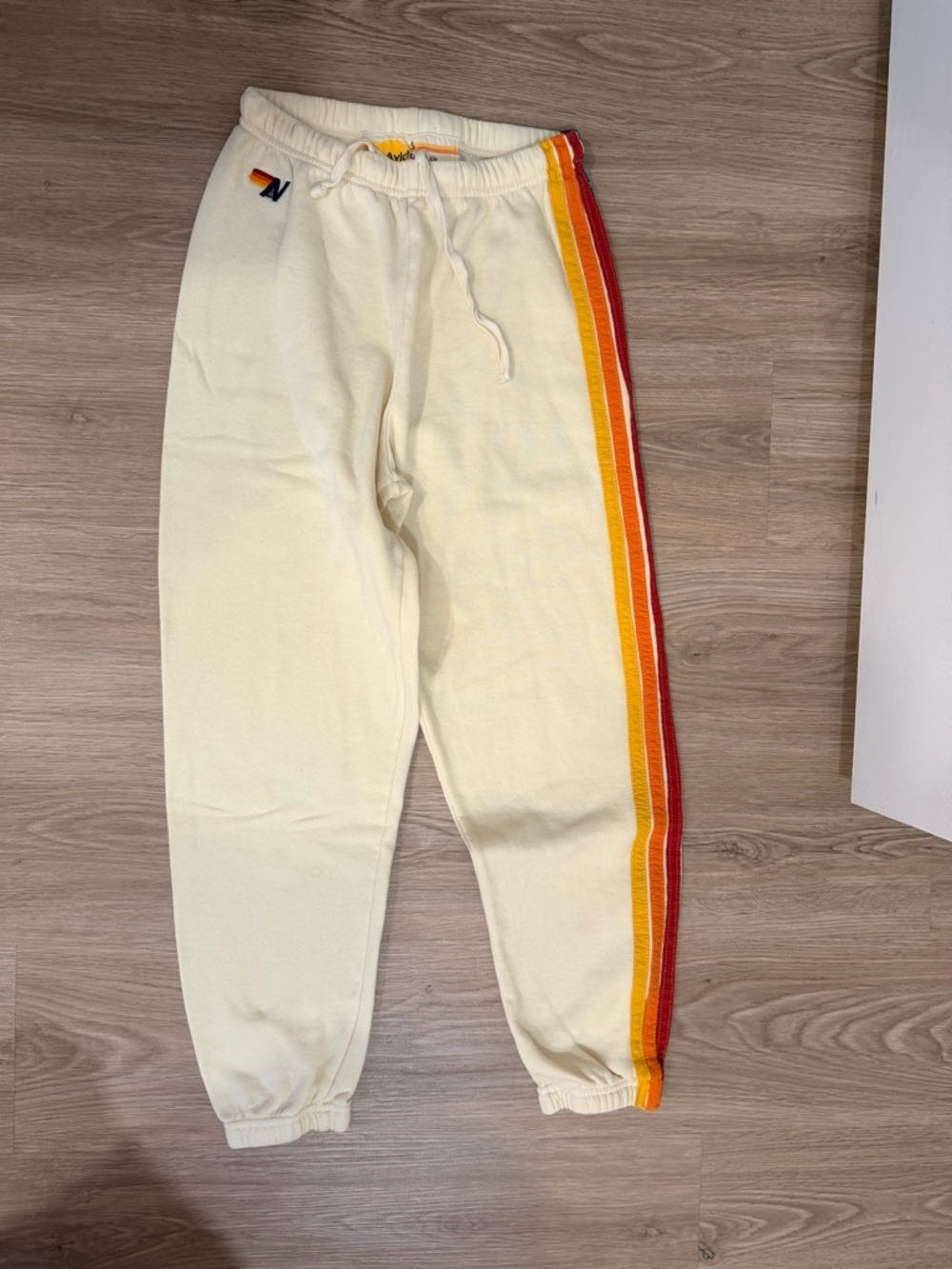 Aviator Nation Cream Joggers with Red, Orange & Yellow Side Stripes